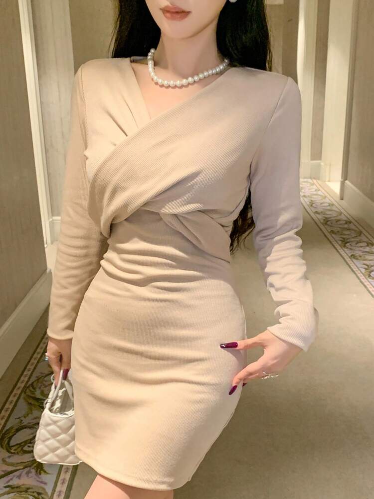 Women's Solid Color Crossed Front Long Sleeve Fitted Mini DressDAZY