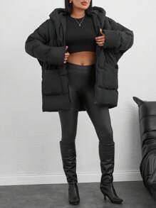 SHEIN Tall Zip Up Hooded Padded Coat With Two Pockets - Black - View 5