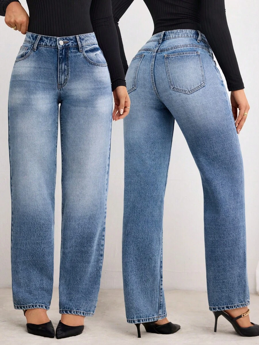 SHEIN LUNE 女士休闲水洗斜口袋直筒牛仔裤