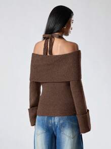 LYSMO Women's Valentine Off Shoulder Sweater - Brown - View 2