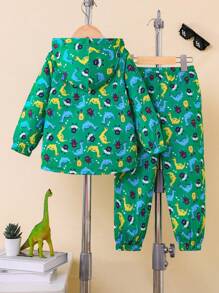 2pcs/Set Young Girl Cute Cartoon Dinosaur Print Hoodie And Jogger Pants Set - Multicolor - View 2
