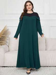 Lacomfia Plus Size Women Colorblock Round Neck Long Sleeve Rib Knit Long Loose Casual Dress Maxi Women Outfit - Multicolor - View 6