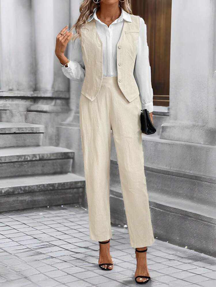 Women Front Button Plain Sleeveless Top And Trousers Two-Piece Casual Suit