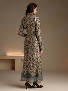 Anewsta Vestido de fiesta con cuello alto, estampado de leopardo con lentejuelas, largo, para mujer, outfit para fiestas - Marrón - Ver 2
