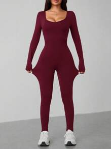 SHEIN PETITE 春季圆领黑色长袖紧身连衣裤 - 酒紅色 - 查看 6