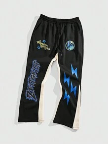 ROMWE MEN Street Life 男士宽松短款连帽运动衫和长裤运动服套装，街头服饰 - 黑色 - 查看 3