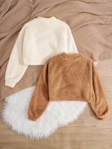 Tween Girl Solid Drop Shoulder Pullover Sweatshirt 2 Pieces/Set For Daily Wear Chic Outfits For Autumn/Winter - Khaki - View 2