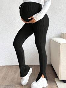 SHEIN 孕妇女士罗纹紧身可调节腰部休闲开衩紧身裤 - 黑色 - 查看 3