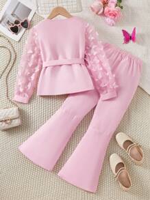 Tween Girls 2pcs Minimalist Blazer Design Jacket & Extra Long Flare Pants Set With Mesh Fabric