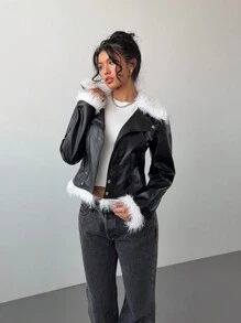 Aloruh 新款秋冬女士 PU 拼接蓬蓬领皮夹克