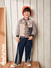 SHEIN 1 pieza Conjuntos de ropa de colores de bloques de jeans con impresión de dibujos animados, lindos/retro/casuales/para el hogar/al aire libre para invierno/otoño para niños pequeños