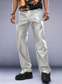 AXEPEAK Men's Casual Minimalist Metallic Woven Straight Leg Pants, Streetwear Style, Fall/Winter - Silver - View 6