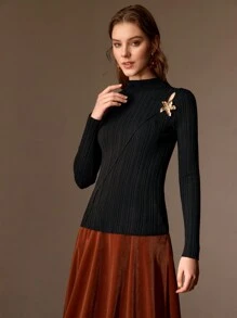 MOTF PREMIUM WOOL MOCK NECK METAL FLORAL DETAIL SLIM FIT SWEATER - Black - View 7
