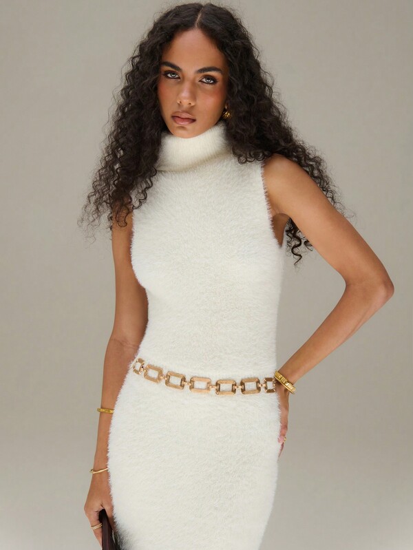 SHEIN Unity 高领毛绒无袖连衣裙（不带腰带）冬季