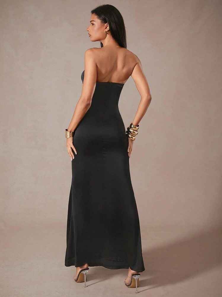 Hauture Robe maxi de fête asymétrique noire avec laçage devant pour femme - Noir - Voir 3