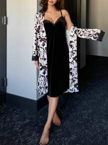 DAZY 2pcs Satin Leopard Print Pajama Set, Including Slip Nightgown And Robe - Black and White - View 6
