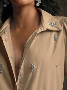 Anewsta Blouse à manches longues élégante et ordinaire pour femme avec rivets, couleur kaki - Kaki - Voir 3