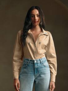Anewsta Blouse à manches longues élégante et ordinaire pour femme avec rivets, couleur kaki - Kaki - Voir 7