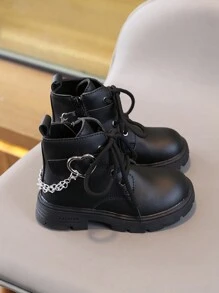 新款圆头儿童靴子休闲复古平底女童短靴防滑耐磨中大童鞋女童学生朋克靴 - 黑色 - 查看 2