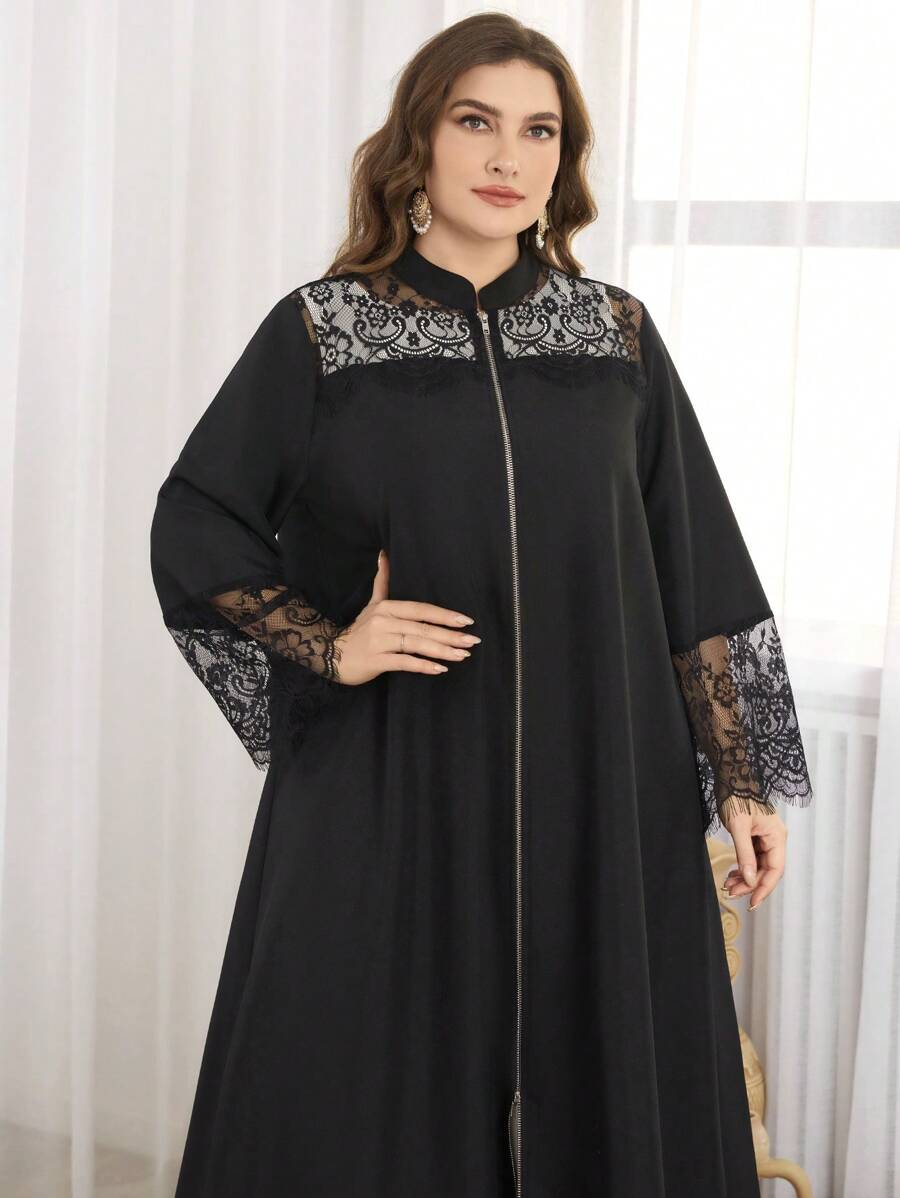 Al Najma Váy dài tay phong cách Ả Rập, hở phía trước bằng ren phối ren cỡ lớn cho nữ, váy Abaya Ả Rập thanh lịch, giản dị, mặc hàng ngày/tiệc tùng - màu đen - Xem 1