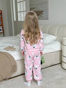 SHEIN LMoss Kids 2pcs Young Girl Cute Teddy Bear Pattern Round Neck Long Sleeve Top And Flannel Pajama Pants Sleepwear Set, Soft And Comfortable, Suitable For Autumn/Winter - Baby Pink - View 2