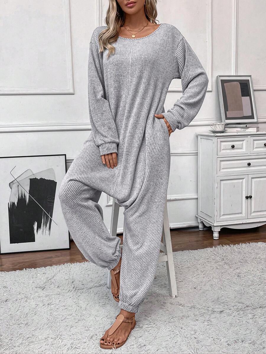 SHEIN LUNE Bộ đồ liền thân thường ngày dài tay có túi cổ tròn có gân dành cho nữ, mới cho mùa thu - Xám - Xem 1