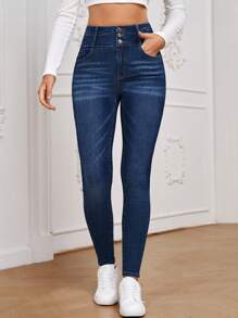 EMERY ROSE 纯色前扣贴合口袋休闲百搭牛仔裤 - 深色水洗藍 - 查看 5