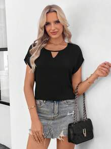 SHEIN LUNE Keyhole Neck Batwing Sleeve Blouse,Short Sleeve Tops - Black - View 1