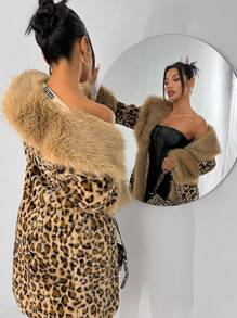 SHEIN SXY 女士蓬松拼接豹纹翻领长袖外套，秋冬季时尚，人造毛皮大衣，长款毛皮大衣，长款女士外套，毛皮背心，外出装，冬季女士外套 - 棕色 - 查看 3