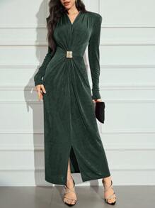 Modelyn Ladies V-Neck Long Sleeve Rhinestone Waist Pleated Maxi Elegant Dress Long Evening Dresses - Army Green - View 6