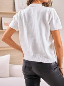 INAWLY Short Sleeve Bow Decor Casual Minimalist V-Neck Knit Pullover - White - View 2