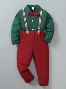 SHEIN Conjunto de ropa de Navidad para niño pequeño estilo caballero: Camisa de manga larga + Pantalón con tirantes, Conjunto formal elegante para fiesta de cumpleaños, boda, celebración de aniversario