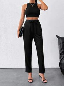 RueChic Women's Solid Slant Pocket Belted Pleated Pants - Black - View 3
