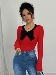 Elenzga 1 pieza Suéter sencillo de mujer con mangas largas, decoración de lazo y bloque de color, casual para usar diariamente, ropa para Año Nuevo