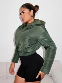 Zolique Army Green Patchwork Plush Padded Padded Coat For Ladies, Winter Clothes - Army Green - View 3