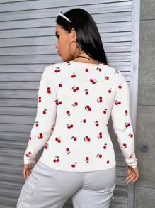 SHEIN EZwear Casual Simple Allover Cherry Print Plus Size Women Fitted T-Shirt, Spring/Autumn - White - View 2