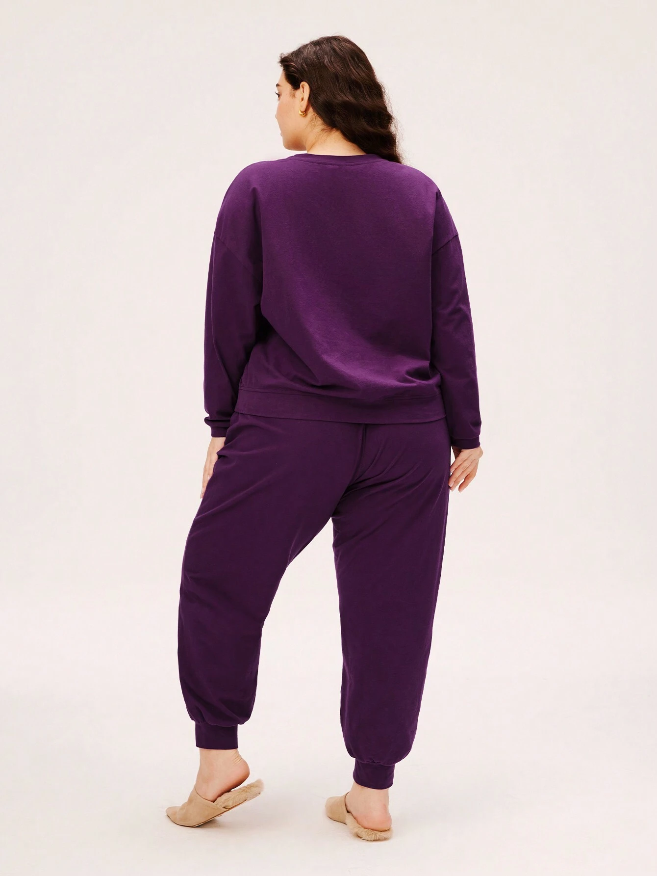 Große Größen Weiche Baumwolle Lila Winter Rundhals Pullover & Hose Schlafanzug Basics Pyjama Set Casual Bequeme Outfits Sportbekleidung als Oberbekleidung Kleidung Baumwolle Pyjamas Mode Casual Bequeme Outfits