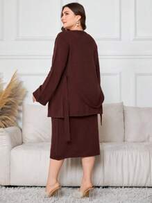 Modelyn Plus Size Women Solid Color Long Sleeve Cardigan And V-Neck Sleeveless Sweater Dress 2 Pieces Set, For Casual Wear In Autumn/Winter 2 Pieces Set Fall Cloth For Women - Coffee Brown - View 2