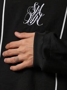 SUMWON Varsity Knit Pullover Sweatshirt Retro Athletic Style Collegiate Number Embroidered Long Sleeve Autumn Winter Casual Streetwear - Black - View 5