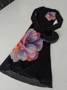 Aloruh 女士长款圆领网眼印花鱼尾修身圣诞节和万圣节派对连衣裙