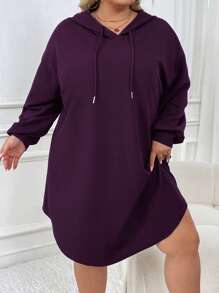 SHEIN CURVE+ Women Plus Size Casual Sports Loose Fit Hooded Sweatshirt Dress With Arched Hem, Autumn/Winter Fall