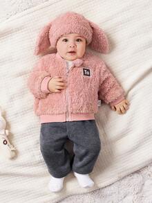 SHEIN Newborn Baby Girl Warm Plush Long Sleeve Jacket With Rabbit Ear Hood, Winter - Apricot - View 6