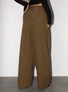 SHEIN ICON Extra Low Waist Belt Decor Pleated Loose Wide-Leg Extra Long Pants - Brown - View 4
