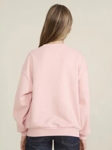 SHEIN 少女标语印花圆领落肩长袖休闲卫衣，秋冬季，粉色 - 粉色 - 查看 2