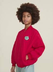 SHEIN Tween Boy 红色立领前拉链宽松日常休闲夹棉外套，秋冬 - 紅色 - 查看 3