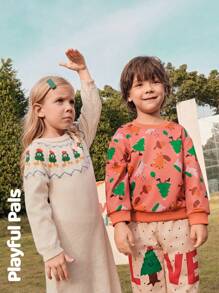 SHEIN 1 Pc Young Girls Sweater Dresses Fun Jacquard Cute/Retro/Casual/Home/Outdoor Winter/Fall Outfits Little Girl Clothes/Young Girl Fall Clothes, For Christmas