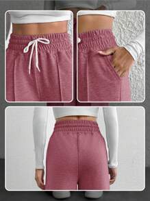 Cottnline Petite Drawstring Waist Wide Leg Pants - Rose Red - View 6
