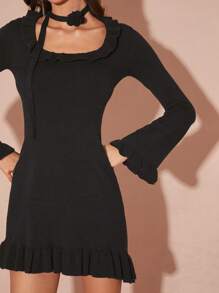 Enchnt Women's Elegant Black Ruffle Hem Slim Fit Sweater Dress Scarf Sweater Bottoming Dress Christmas Sweater Christmas Dress,