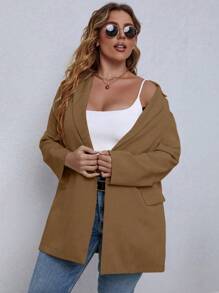 Calvaya 大码女式纯色翻领长袖单排扣休闲西装外套，秋季 - 咖啡棕 - 查看 5
