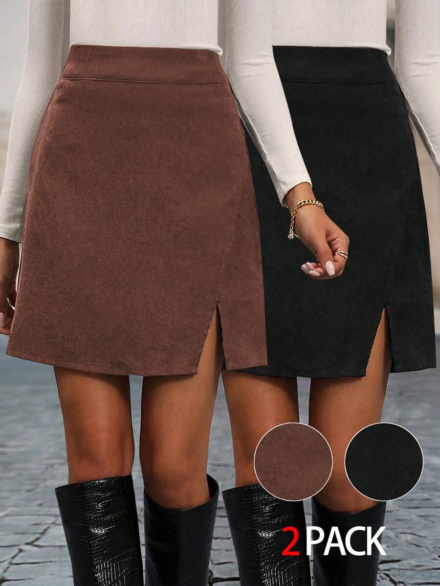 SHEIN Clasi Casual Plain Color Split Skirt, Autumn/Winter - Multicolor - View 1